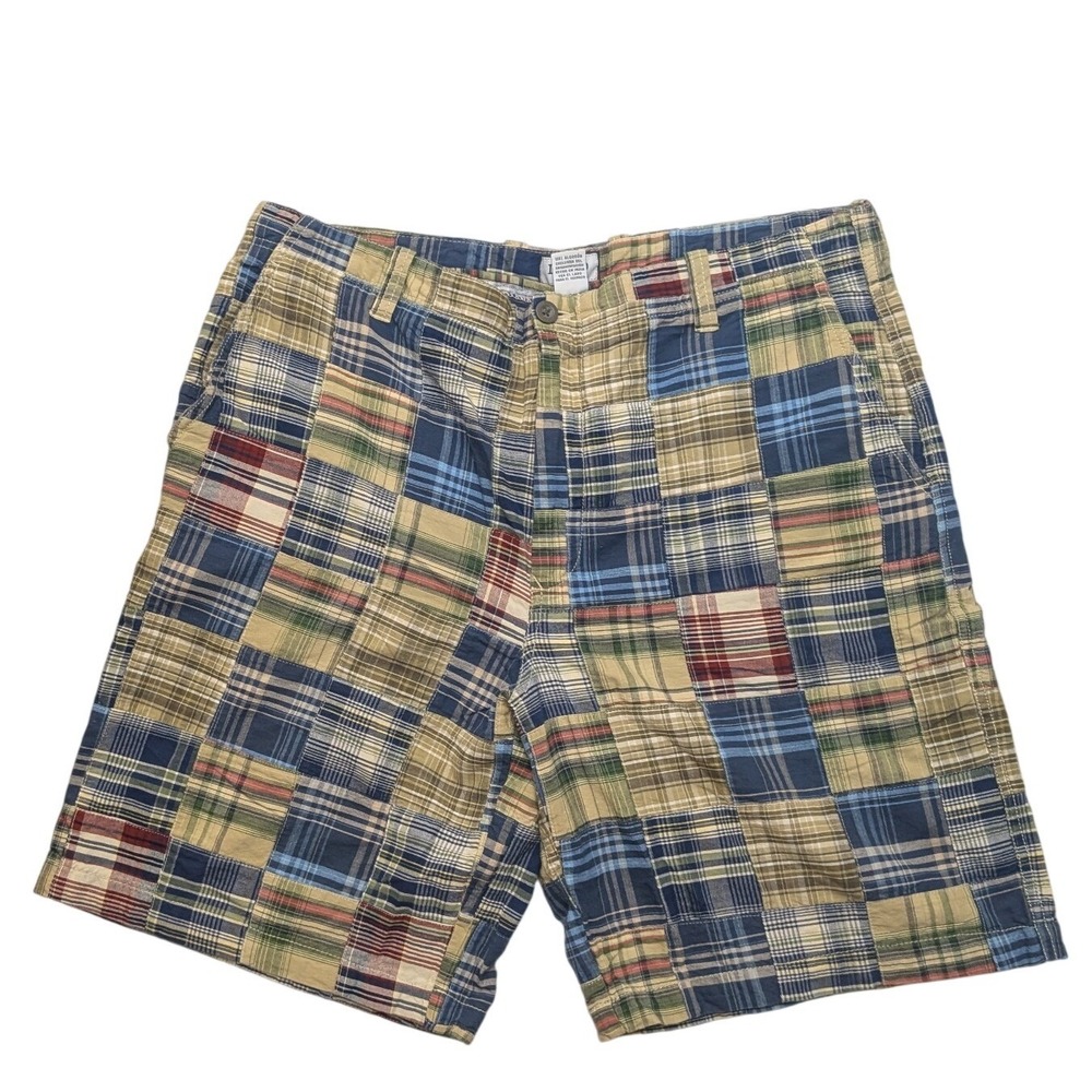 Y2K IZOD Patchwork Plaid Shorts Mens 38 Cotton Flat Front Preppy Madras